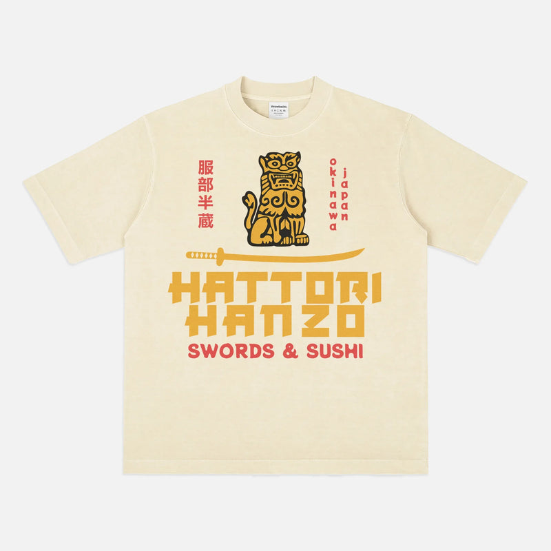 Off-white Kill Bill Hattori Hanzo samurai swords and sushi logo t-shirt, Quentin Tarantino Movie streetwear graphic tee for sale at Throwbacks