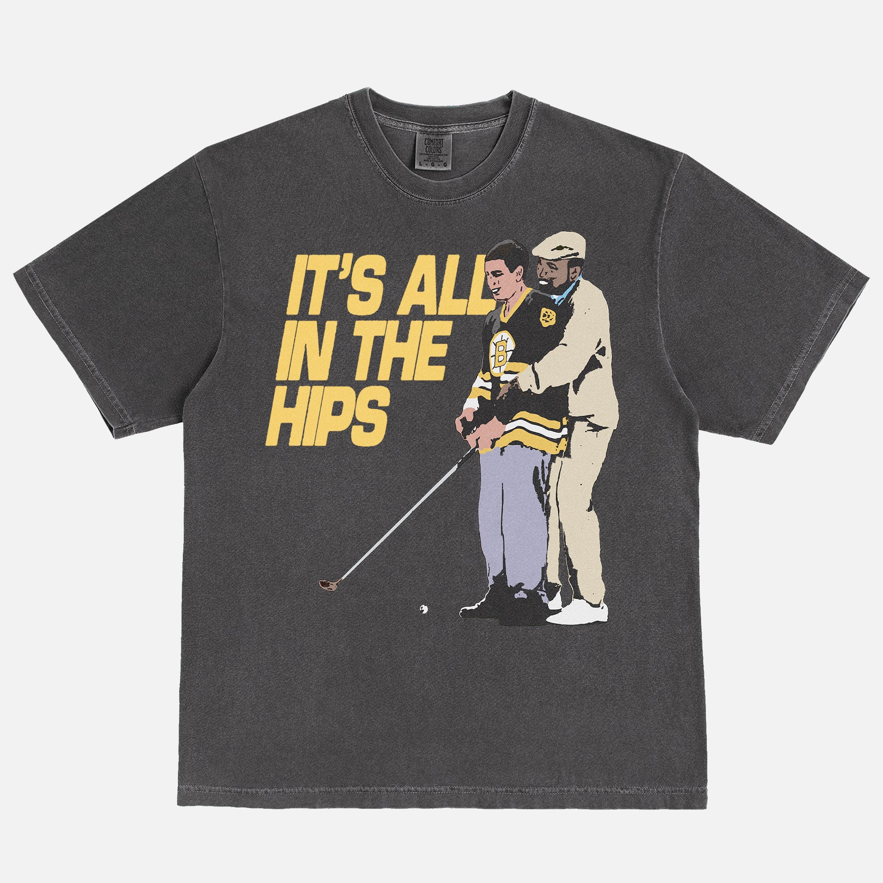 Funny Happy Gilmore T-shirt with Chubbs and Happy and It's All in the Hips movie quote on a washed black comfort colors tee