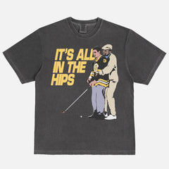 Funny Happy Gilmore T-shirt with Chubbs and Happy and It's All in the Hips movie quote on a washed black comfort colors tee