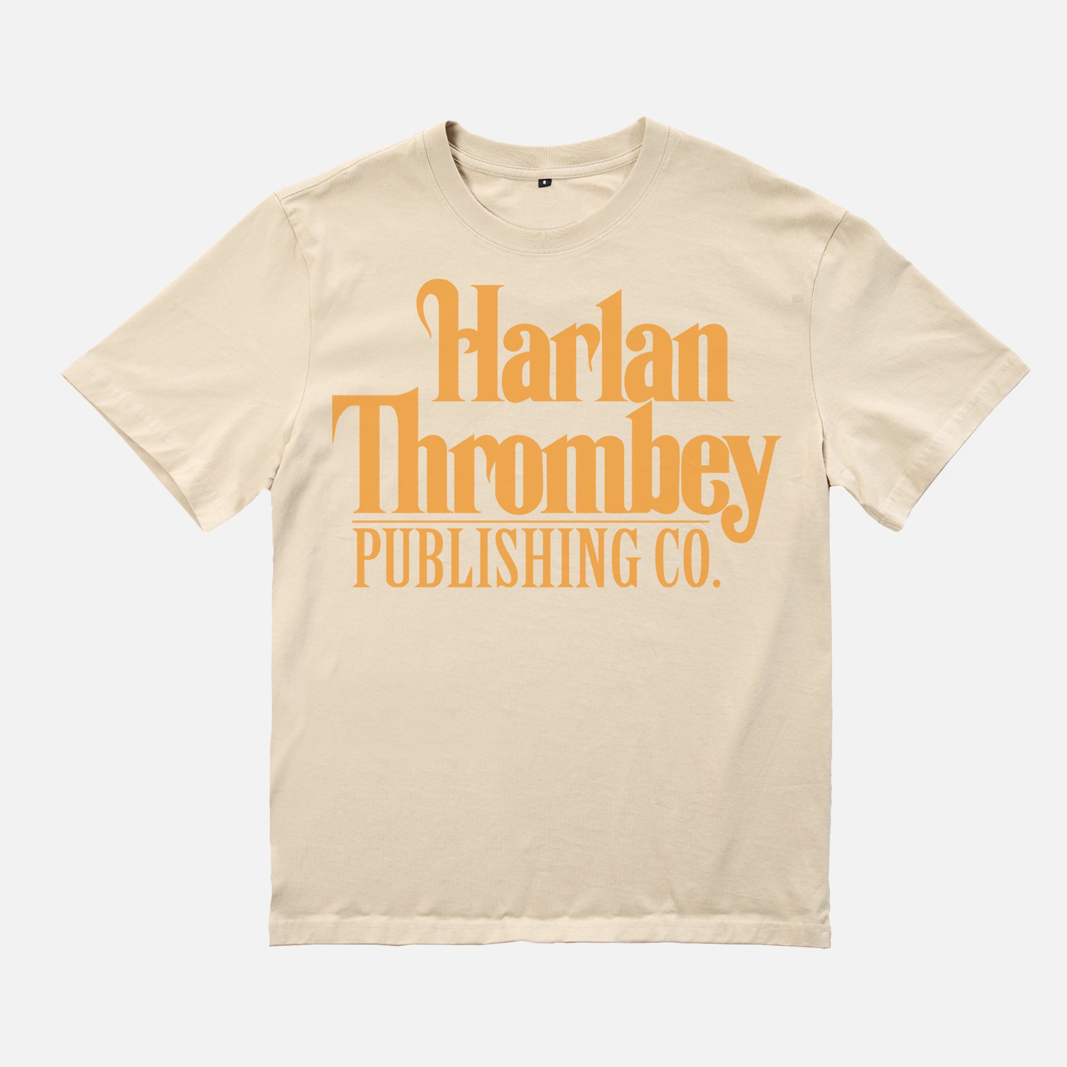 Knives out movie t-shirt, original Knives out movie graphic tee off white beige with large oversized yellow Harlan Thrombey Book Publishing Co logo on the front