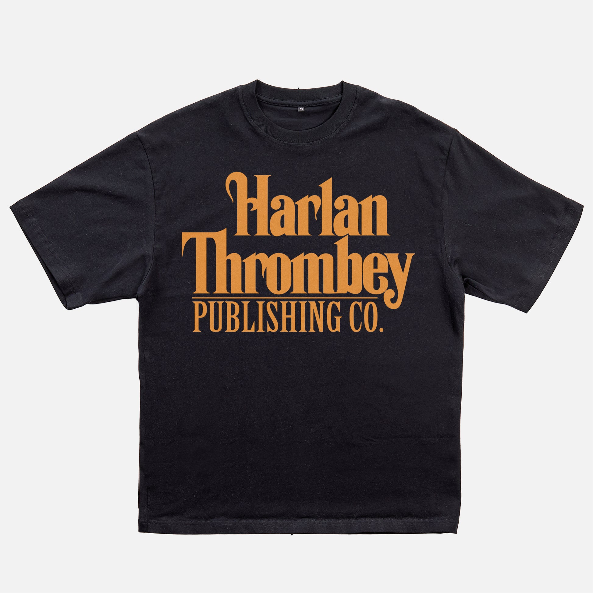 Knives out movie t-shirt, original Knives out movie graphic tee black with large oversized yellow Harlan Thrombey Book Publishing Co logo on the front