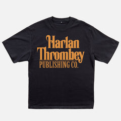 Knives out movie t-shirt, original Knives out movie graphic tee black with large oversized yellow Harlan Thrombey Book Publishing Co logo on the front