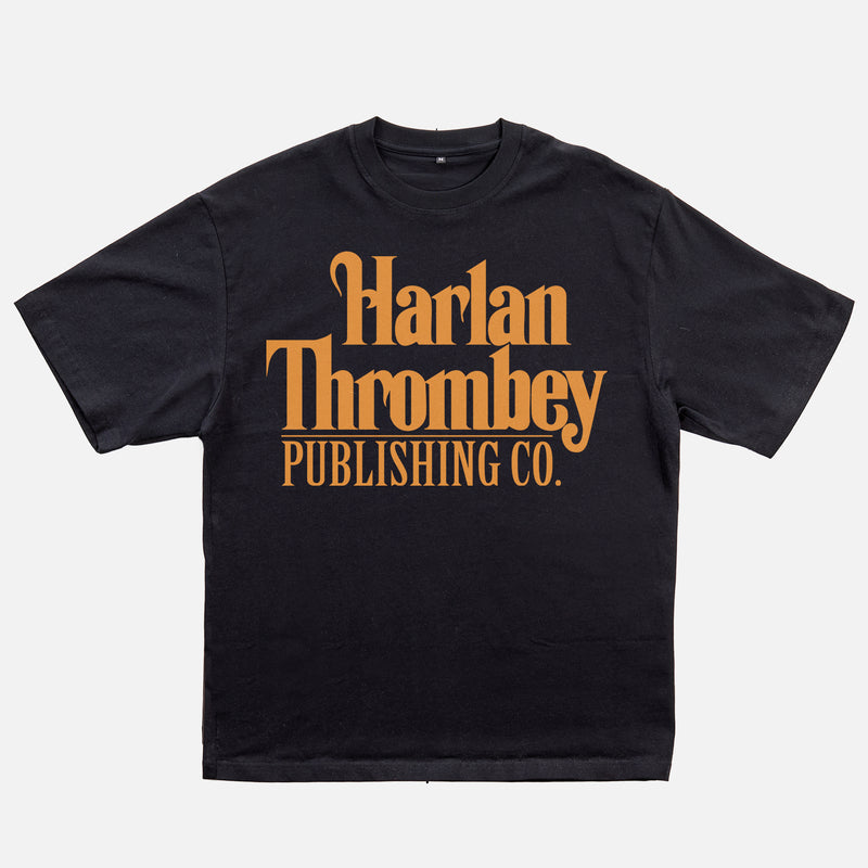 Knives out movie t-shirt, original Knives out movie graphic tee black with large oversized yellow Harlan Thrombey Book Publishing Co logo on the front