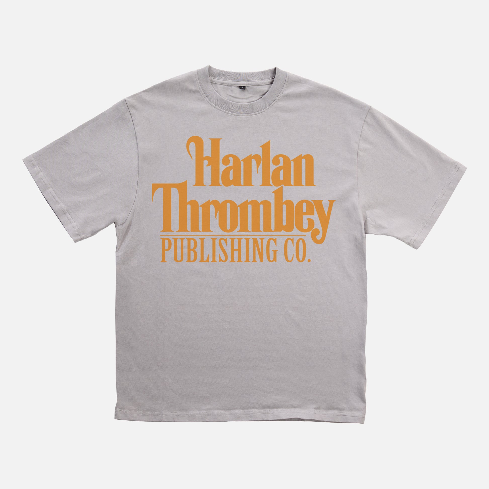 Knives out movie t-shirt, original Knives out movie graphic tee light grey with large oversized yellow Harlan Thrombey Book Publishing Co logo on the front