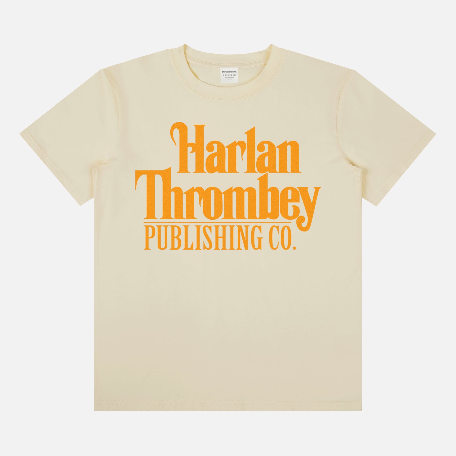Knives out movie t-shirt, original Knives out movie graphic tee beige with large oversized yellow Harlan Thrombey Book Publishing Co logo on the front