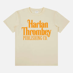Knives out movie t-shirt, original Knives out movie graphic tee beige with large oversized yellow Harlan Thrombey Book Publishing Co logo on the front