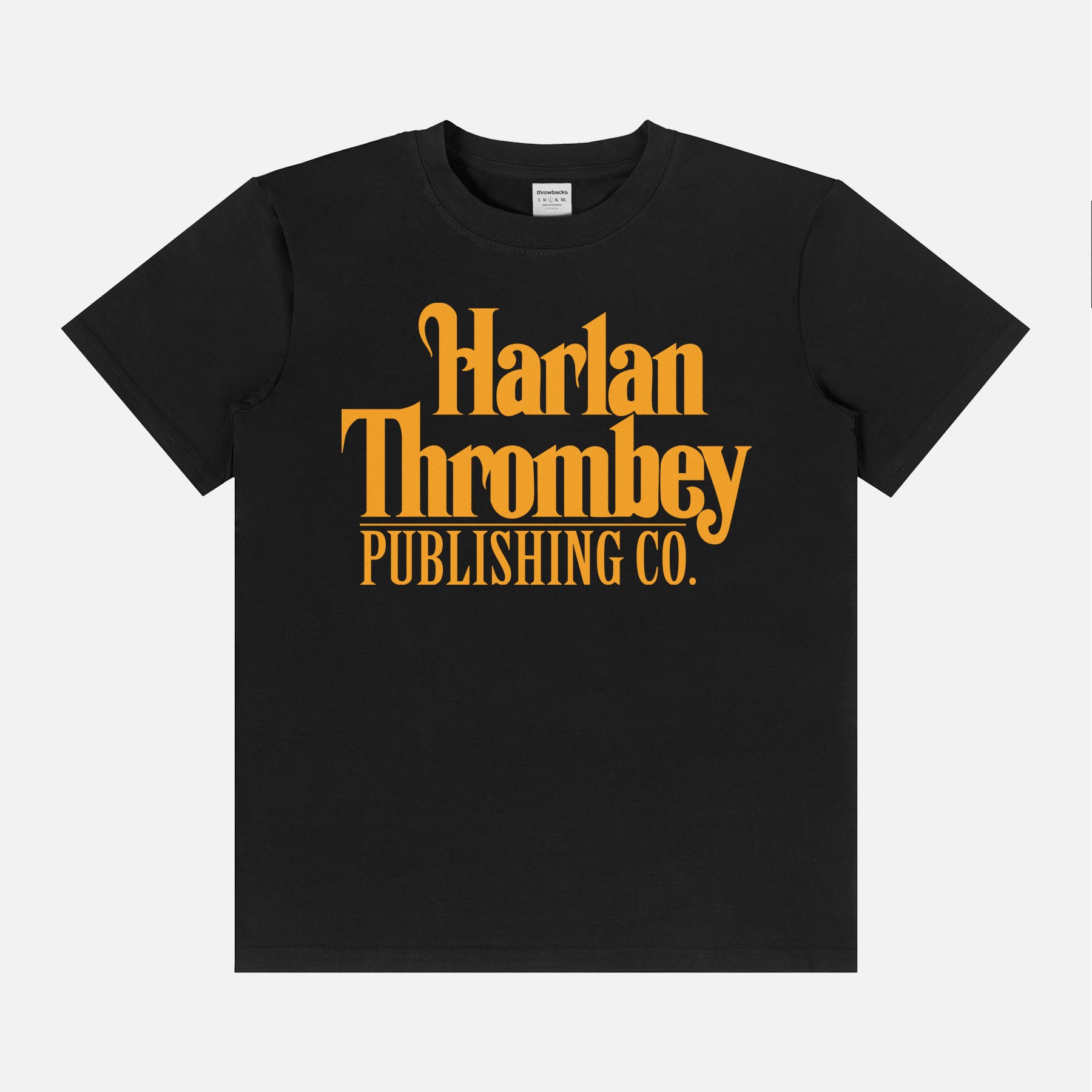 Knives out movie t-shirt, original Knives out movie graphic tee black with large oversized yellow Harlan Thrombey Book Publishing Co logo on the front