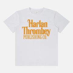 Knives out movie t-shirt, original Knives out movie graphic tee white with large oversized yellow Harlan Thrombey Book Publishing Co logo on the front