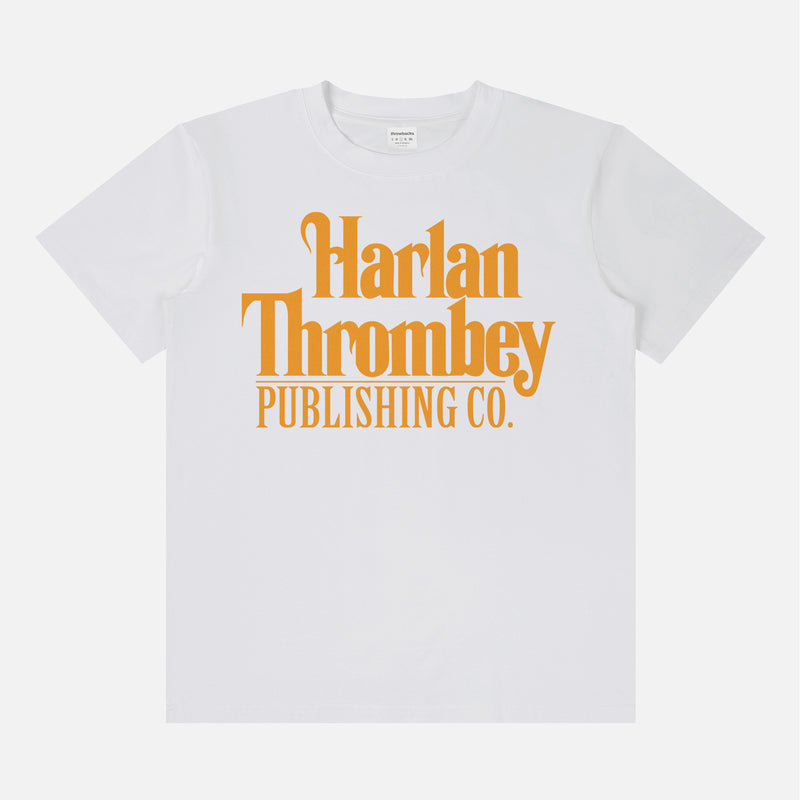 Knives out movie t-shirt, original Knives out movie graphic tee white with large oversized yellow Harlan Thrombey Book Publishing Co logo on the front