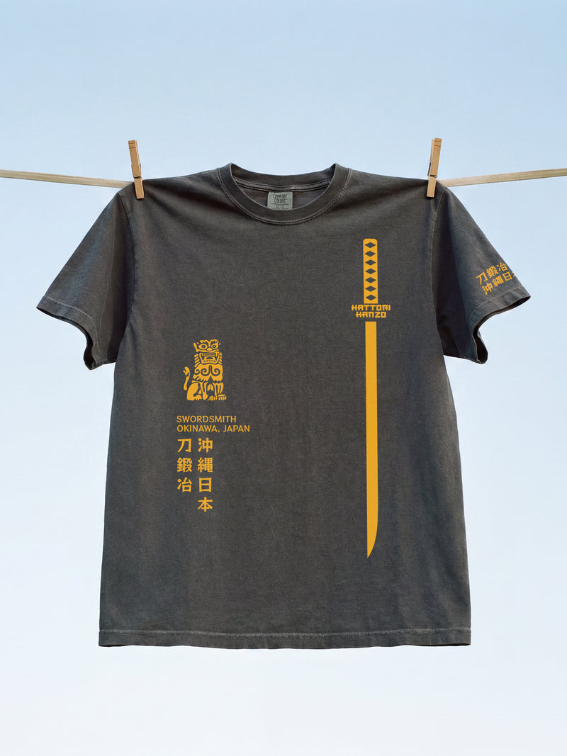 Kill Bill Movie graphic tee shirt with black and yellow Hattori Hanzo Samurai Sword logo and japanese text for quentin tarantino movie fans