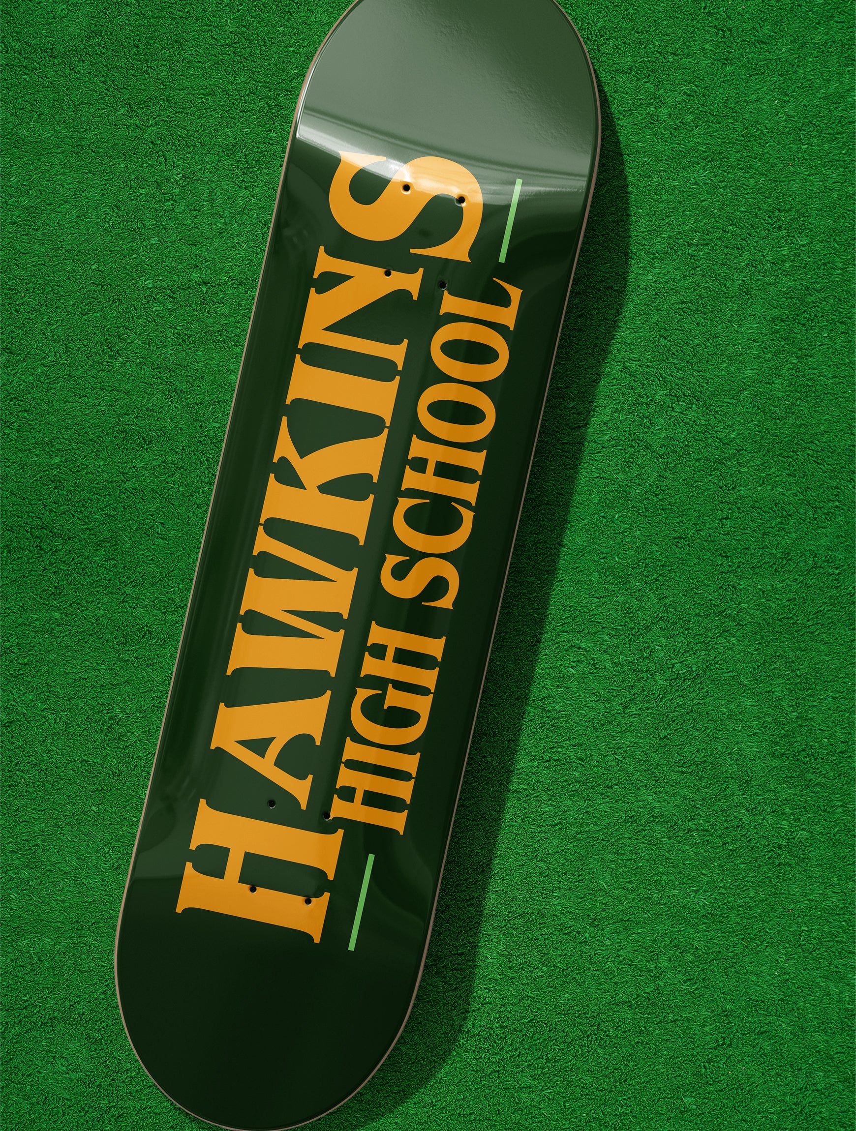 Green Stranger Things Skateboard with custom Hawkins High School logo, Stranger Things Skate deck wall art memorabilia