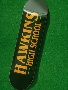 Green Stranger Things Skateboard with custom Hawkins High School logo, Stranger Things Skate deck wall art memorabilia
