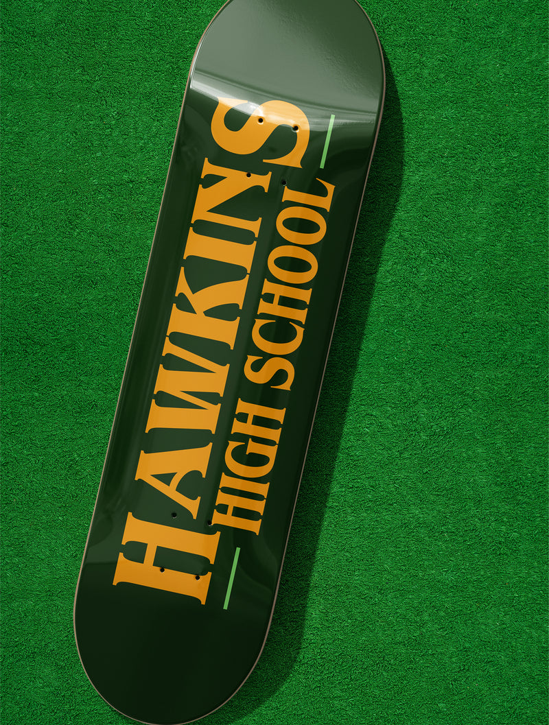 Green Stranger Things Skateboard with custom Hawkins High School logo, Stranger Things Skate deck wall art memorabilia