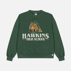 Retro Stranger Things Hawkins High School Tigers sweatshirt, retro dark green hellfire club Stranger Things crewneck apparel for sale at Throwbacks