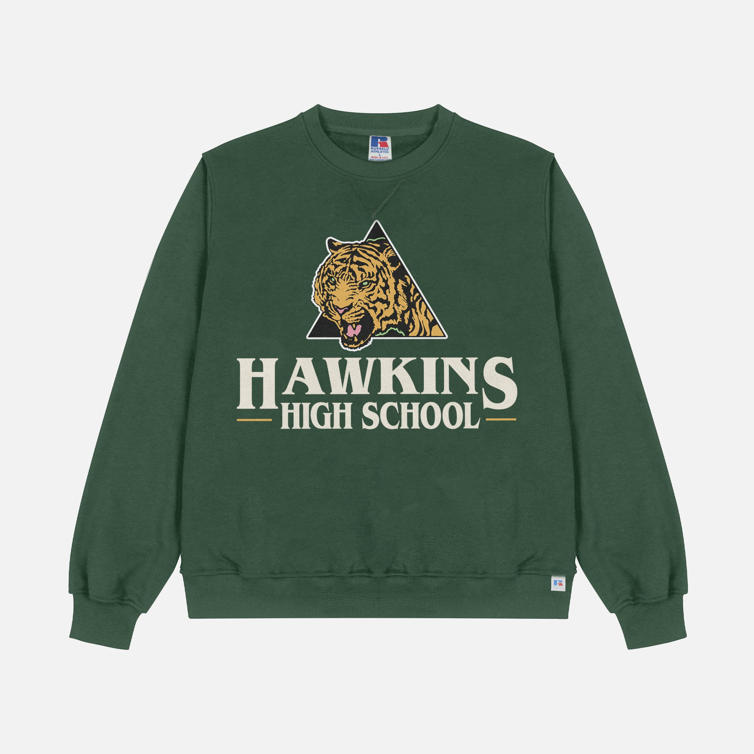 Retro Stranger Things Hawkins High School Tigers sweatshirt, retro dark green hellfire club Stranger Things crewneck apparel for sale at Throwbacks