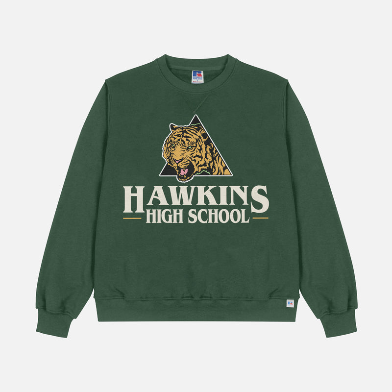 Retro Stranger Things Hawkins High School Tigers sweatshirt, retro dark green hellfire club Stranger Things crewneck apparel for sale at Throwbacks