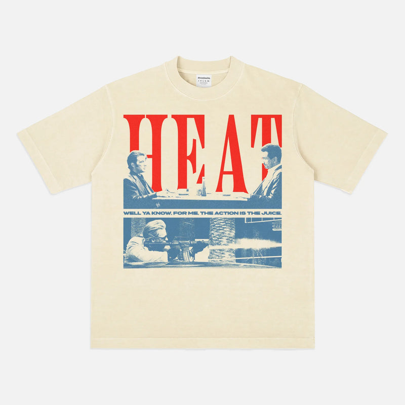 1995 Heat Movie Graphic t-shirt with grunge halftone illusration of the diner scene and Val Kilm street shootout on a faded off white streetwear tee