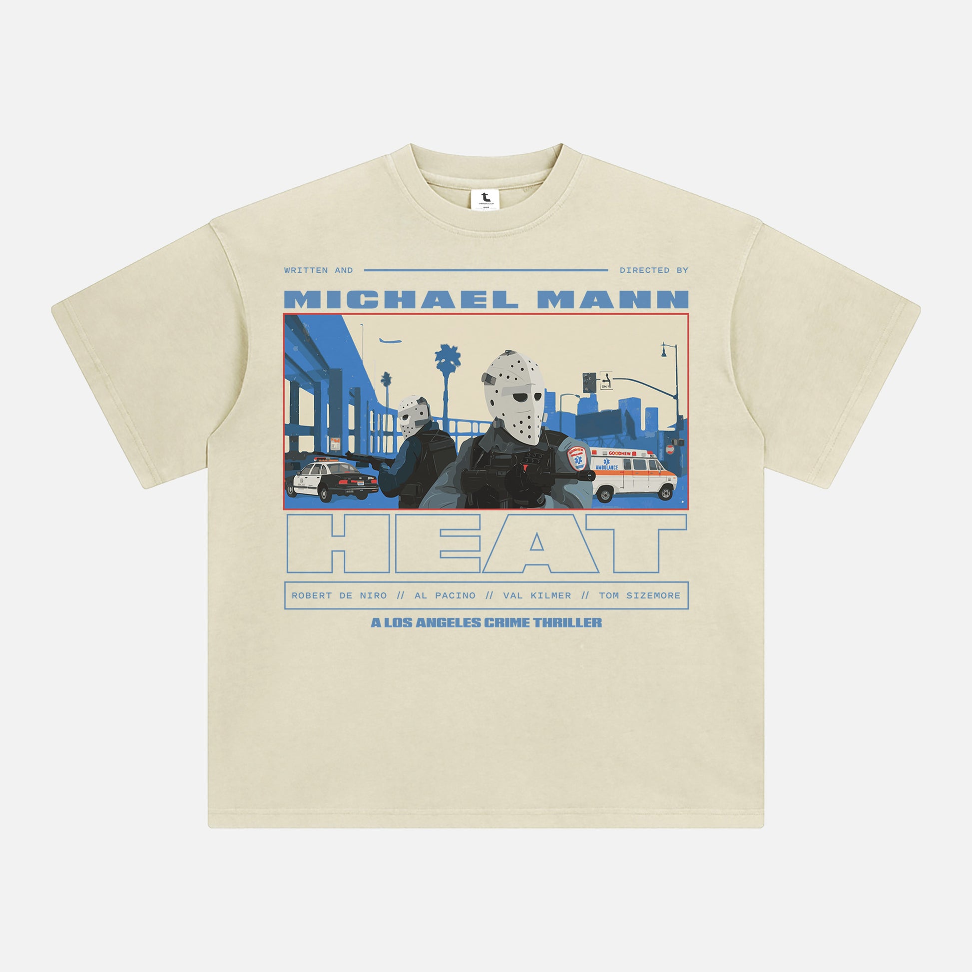 Heat Movie shirt streetwear graphic tee armored car bank robbery scene on faded off white shirt, retro 1995 michael mann oversized graphic t-shirt