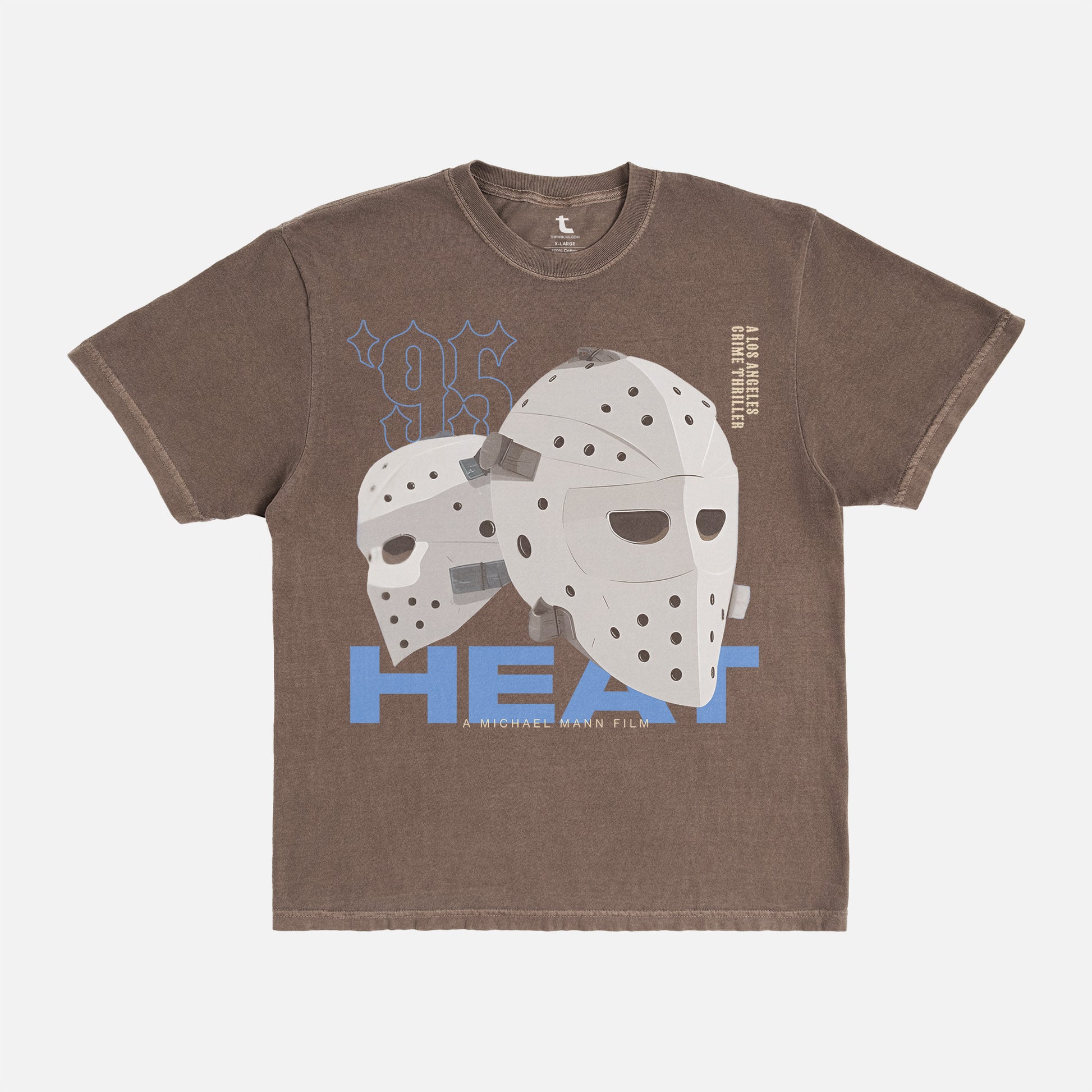 1995 Heat Movie graphic t-shirt, streetwear style michael mann movie Heat 95 hockey mask faded washed brown tee 
