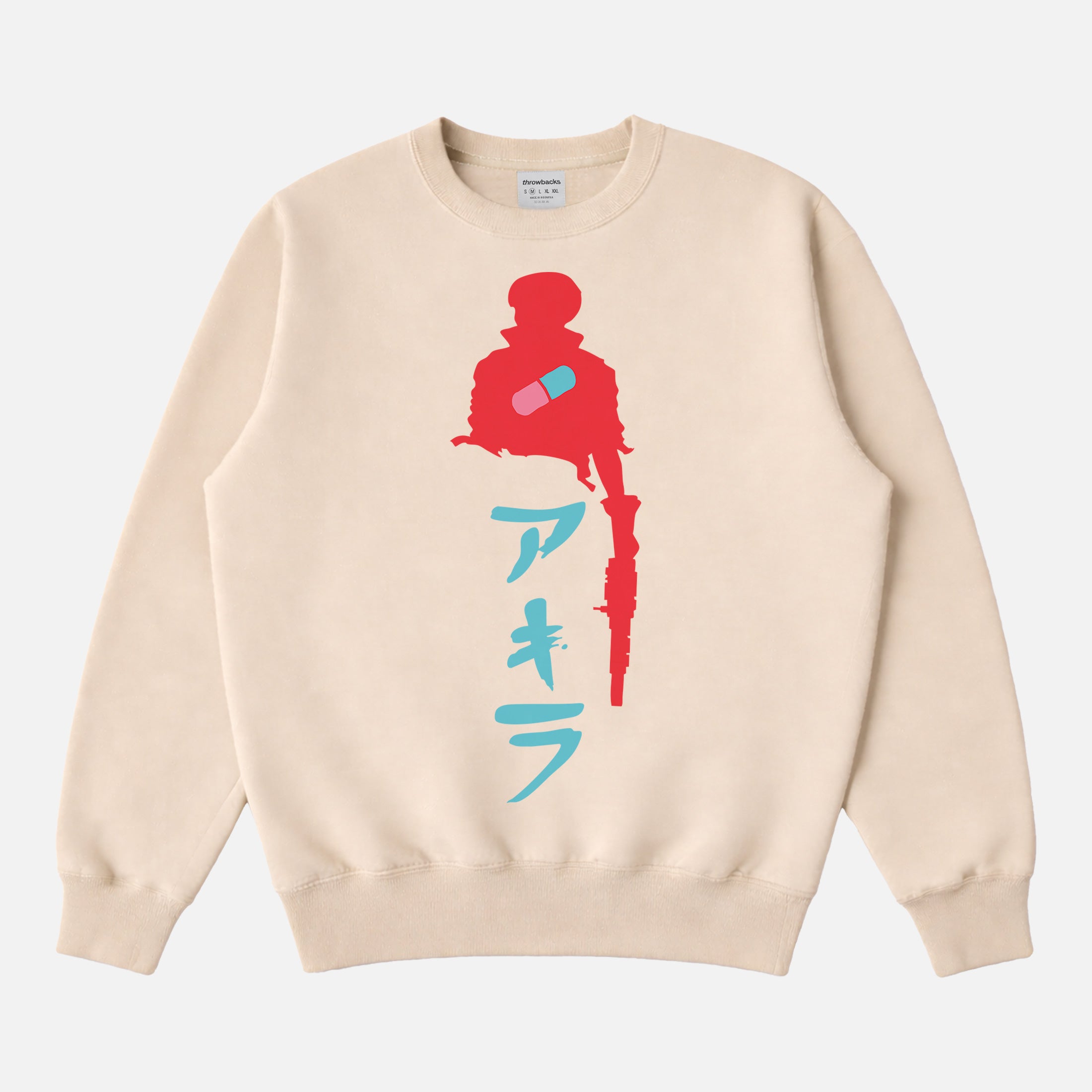 Oversized heavyweight akira anime crewneck sweatshirt in beige off white with red and blue manga movie art