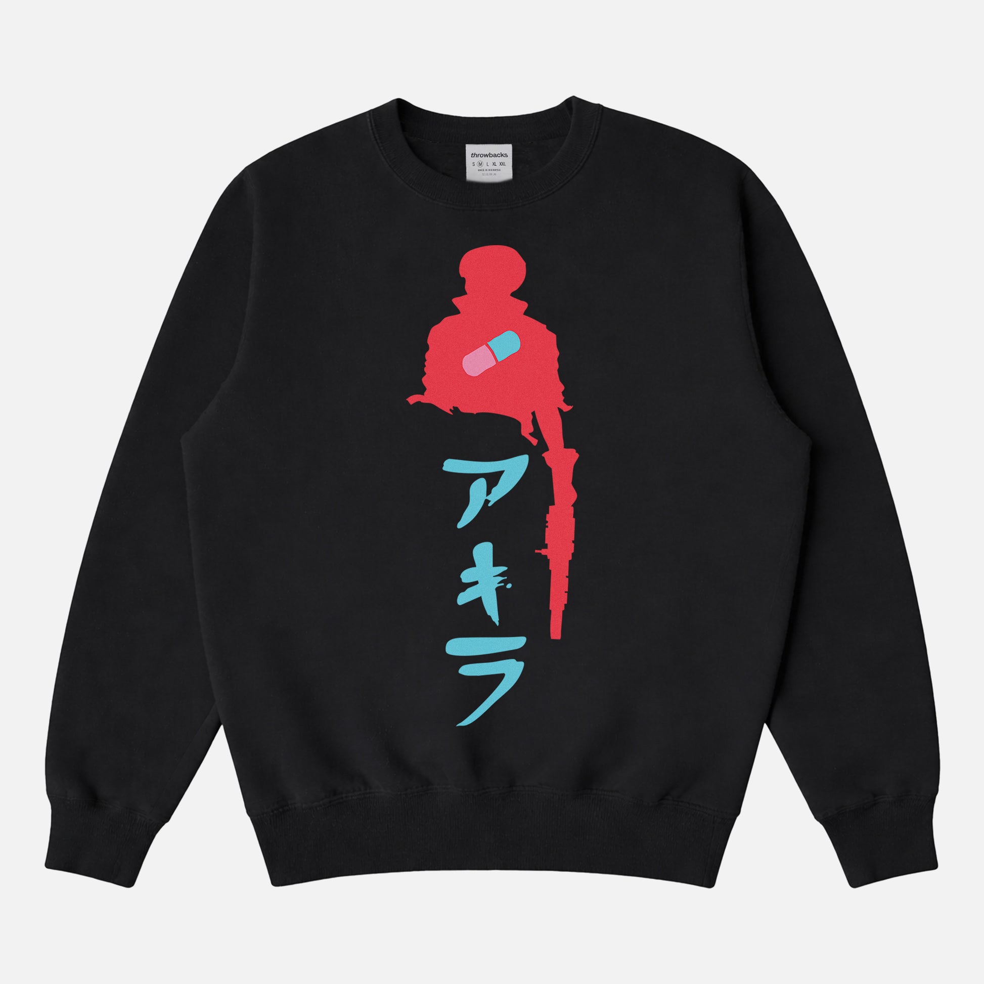 Oversized heavyweight akira anime crewneck sweatshirt in black with red and blue manga movie art