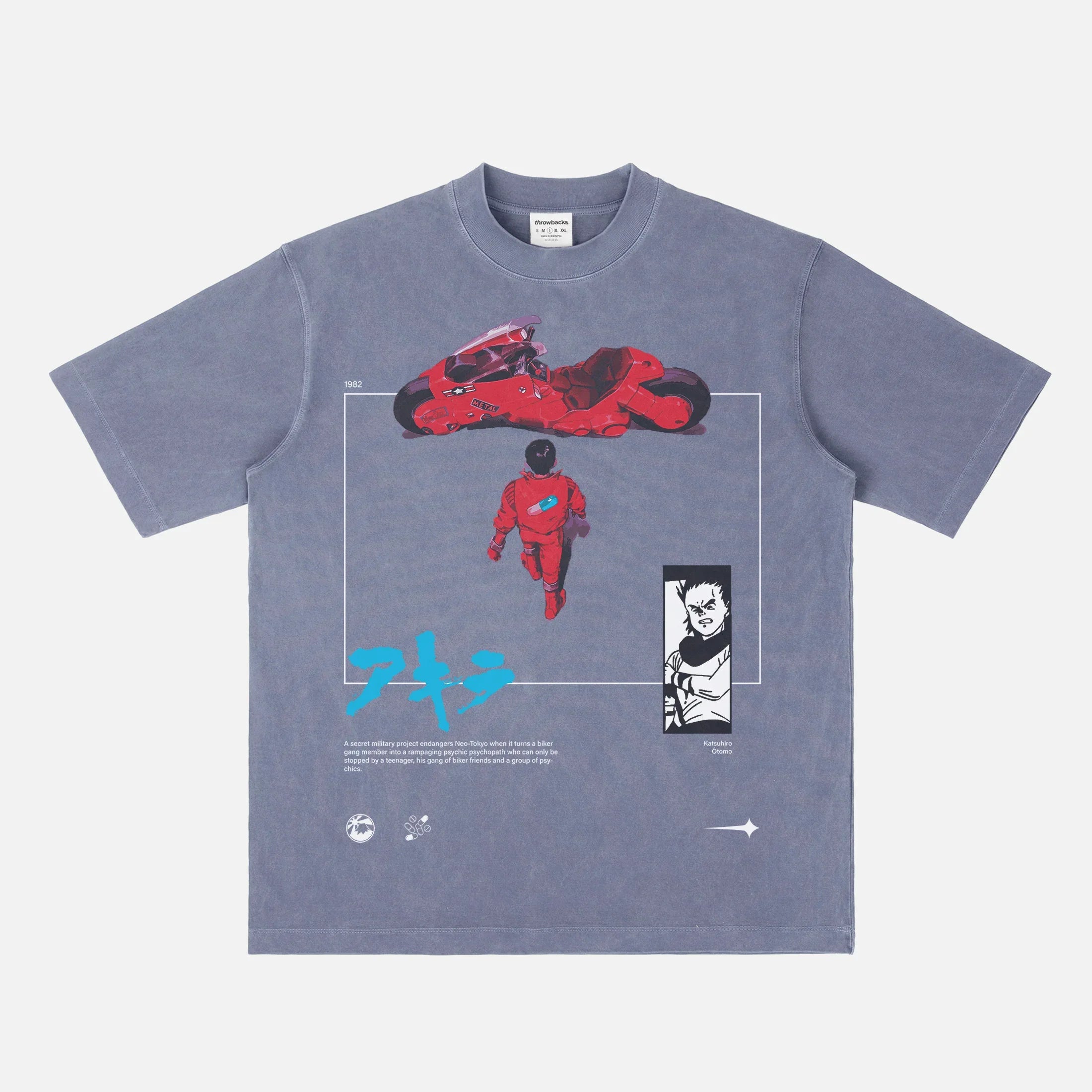 Cool streetwear style Anime t-shirt with Japanese anime movie poster on heavyweight faded dark blue tee