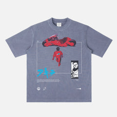 Cool streetwear style Anime t-shirt with Japanese anime movie poster on heavyweight faded dark blue tee