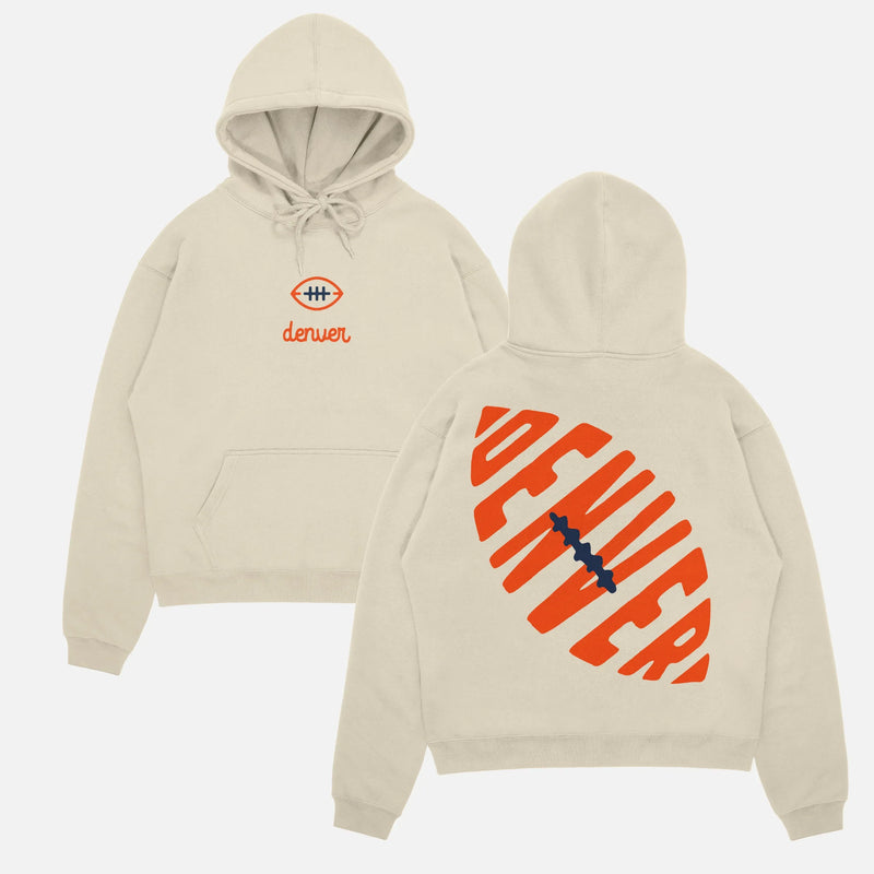 Beige off white Denver Broncos football hoodie streetwear with orange and navy front and back print