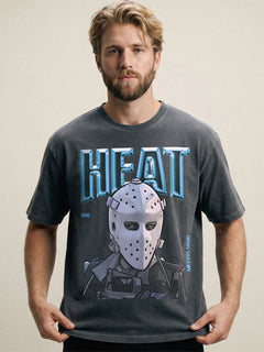 1995 Heat Movie bootleg t-shirt with retro 90s chrome movie poster text on a heavyweight washed black graphic tee for men 