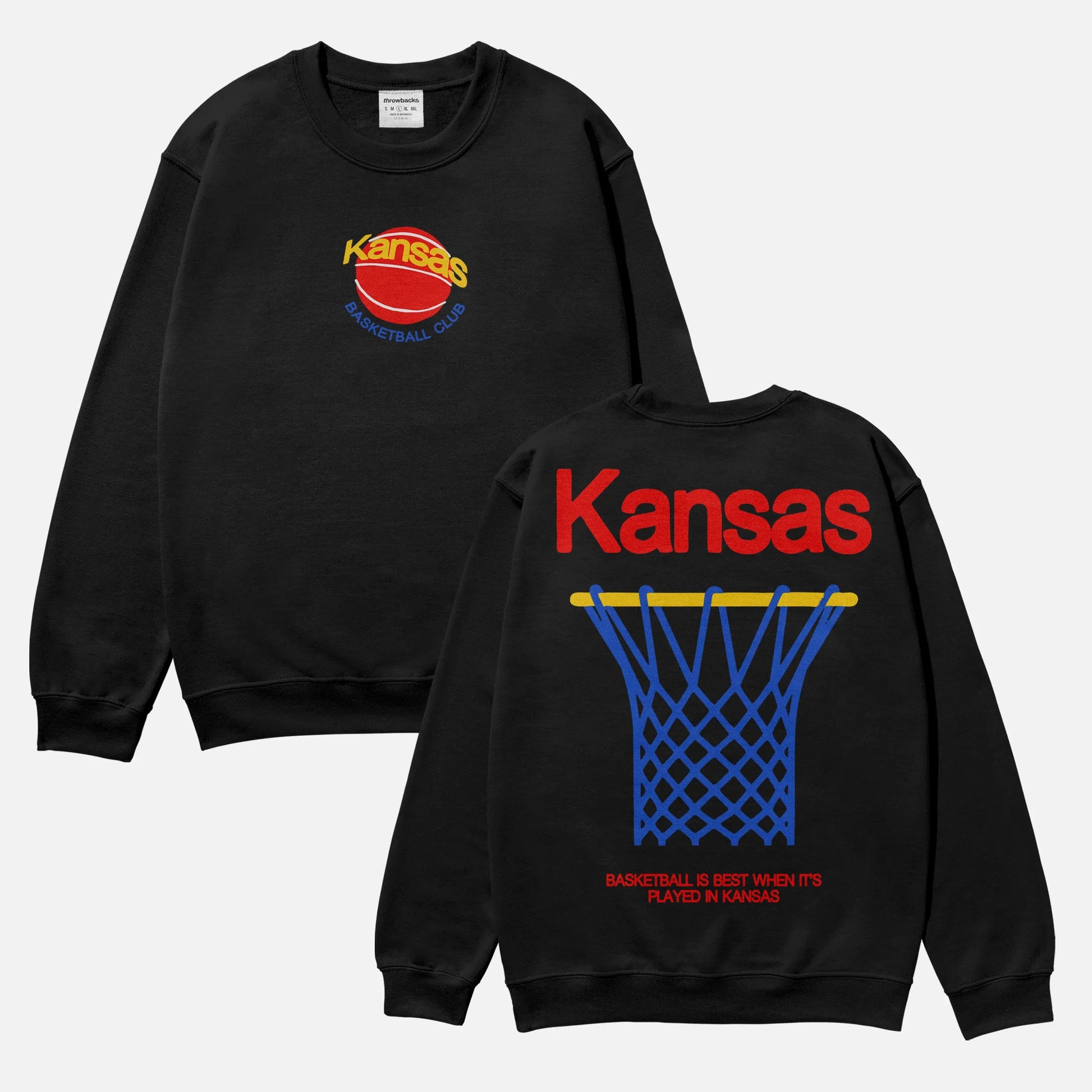 Vintage heavyweight black, red, and royal blue Kansas Jayhawks college basketball streetwear crewneck sweatshirt for men and women for sale at Throwbacks