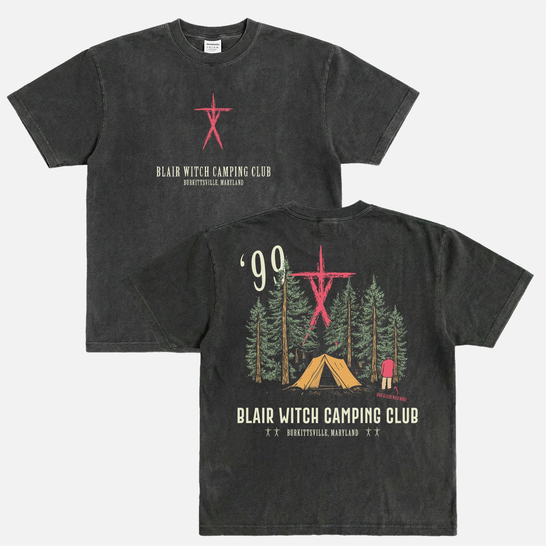 Washed Black Oversized The Blair Witch Project graphic tee, funny retro Blair Witch Camping Hiking Club promo merch t-shirt