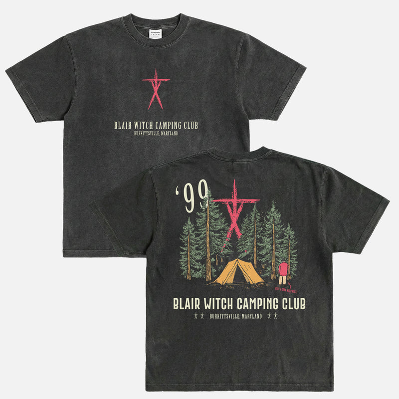 Washed Black Oversized The Blair Witch Project graphic tee, funny retro Blair Witch Camping Hiking Club promo merch t-shirt