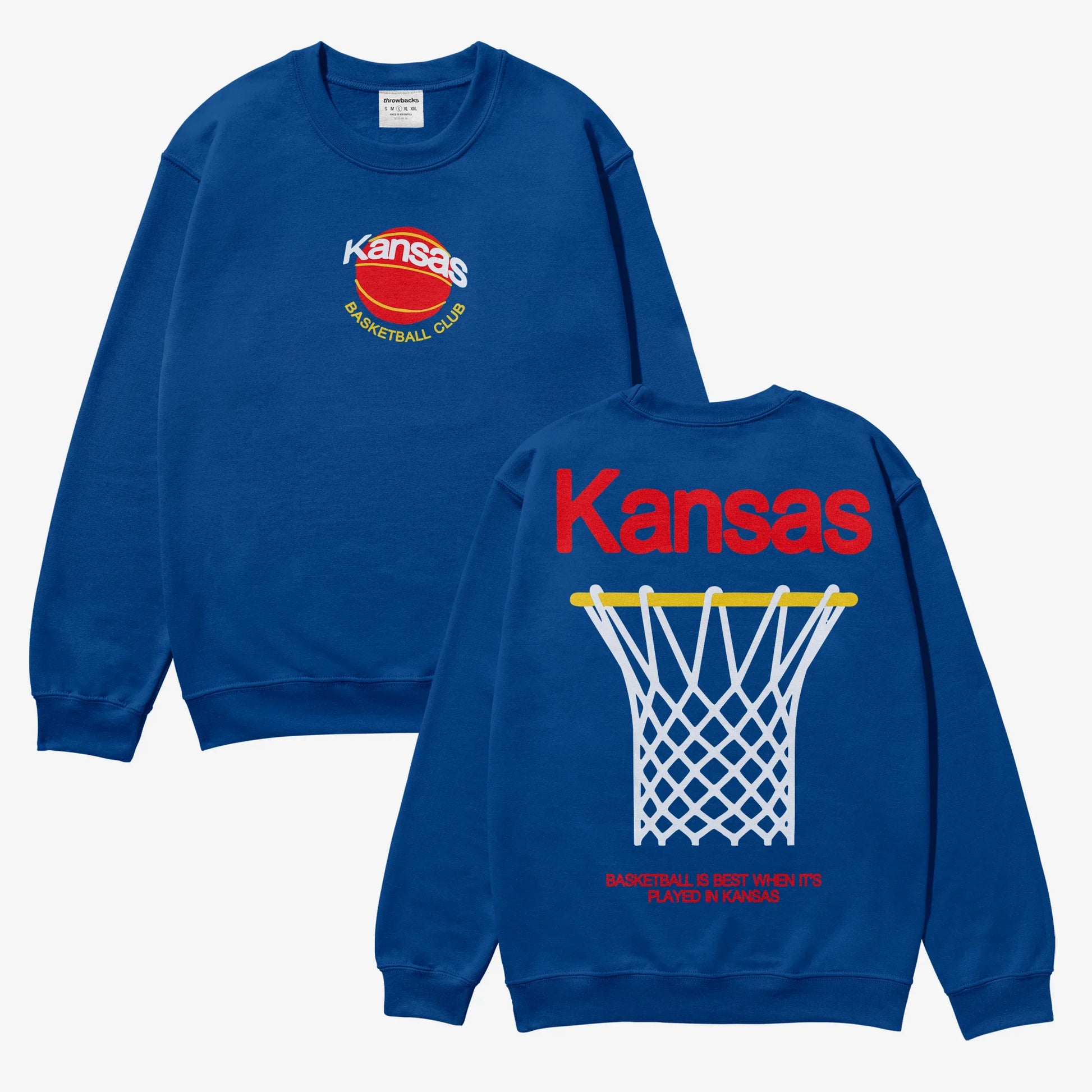 Vintage heavyweight royal blue Kansas Jayhawks college basketball streetwear crewneck sweatshirt for men and women for sale at Throwbacks