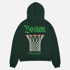 Forest green Boston Celtics streetwear hoodie with large oversized back print and blackletter text on a heavyweight hooded sweatshirt for men and women
