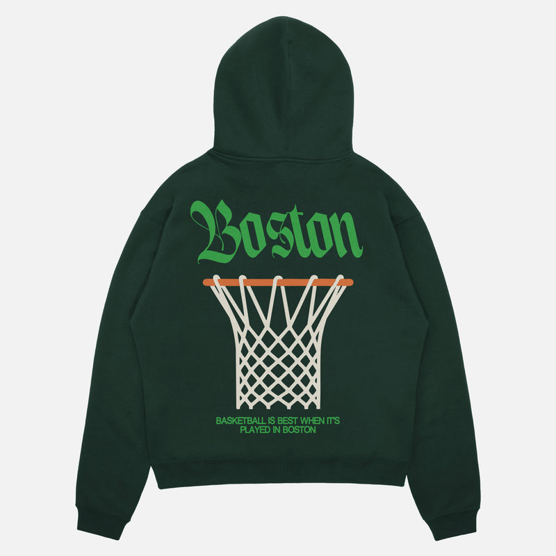 Forest green Boston Celtics streetwear hoodie with large oversized back print and blackletter text on a heavyweight hooded sweatshirt for men and women