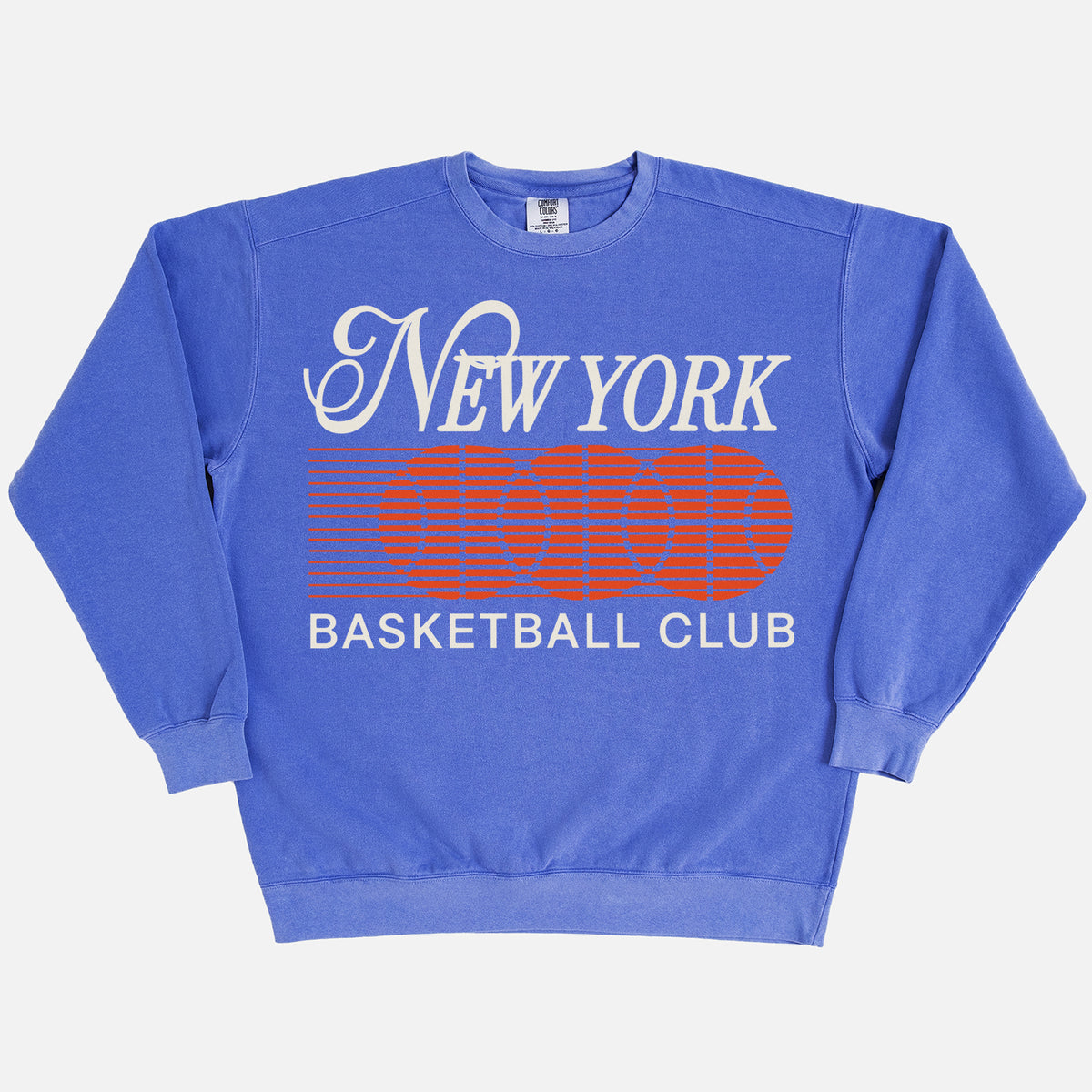 Premium heavyweight New York Knicks sweatshirt with 1990's NY bball logo graphic on a washed blue comfort colors crewneck