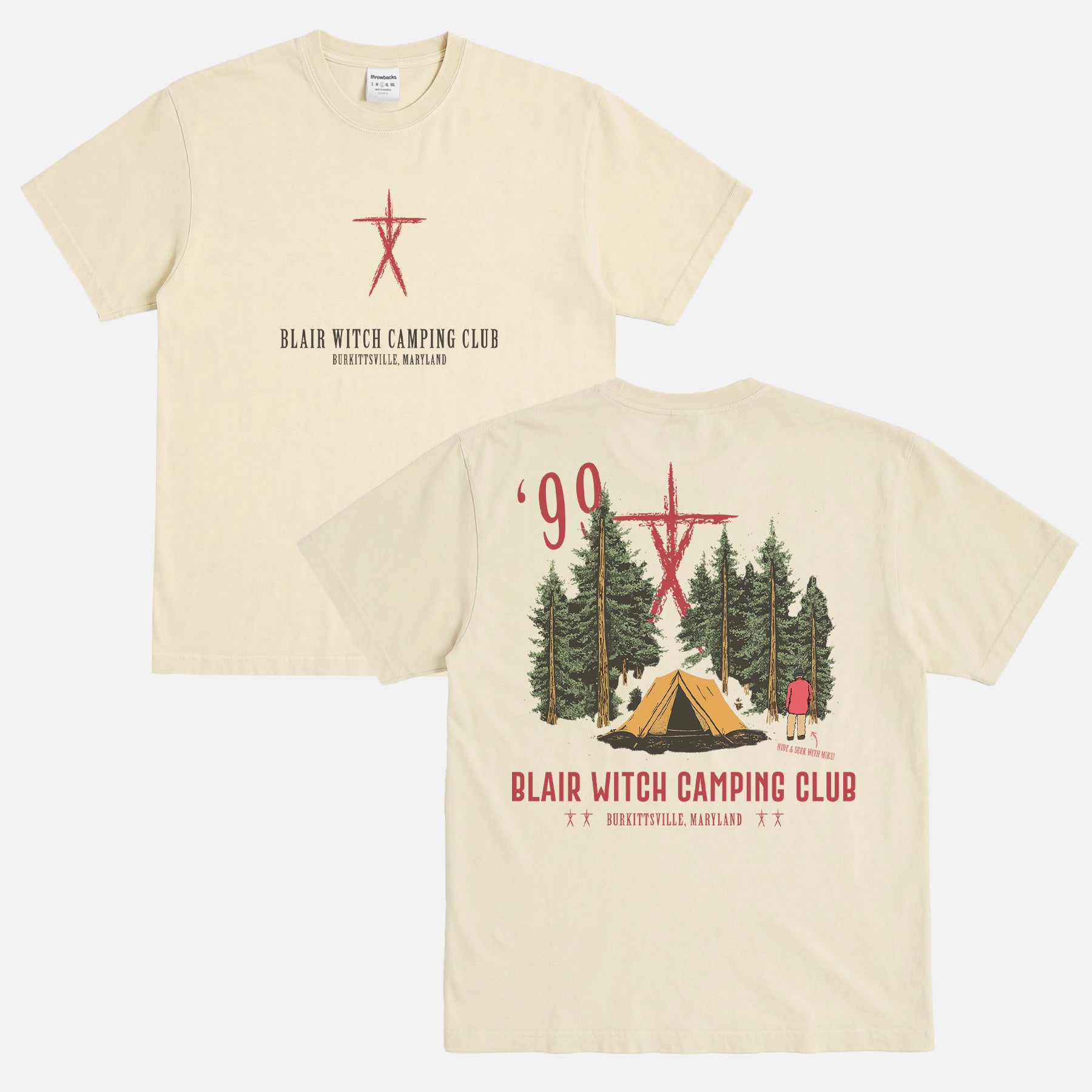 Washed off white Oversized The Blair Witch Project graphic tee, funny retro Blair Witch Camping Hiking Club promo merch t-shirt