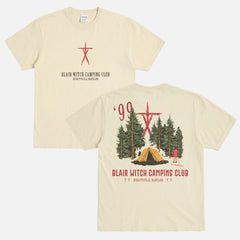 Washed off white Oversized The Blair Witch Project graphic tee, funny retro Blair Witch Camping Hiking Club promo merch t-shirt
