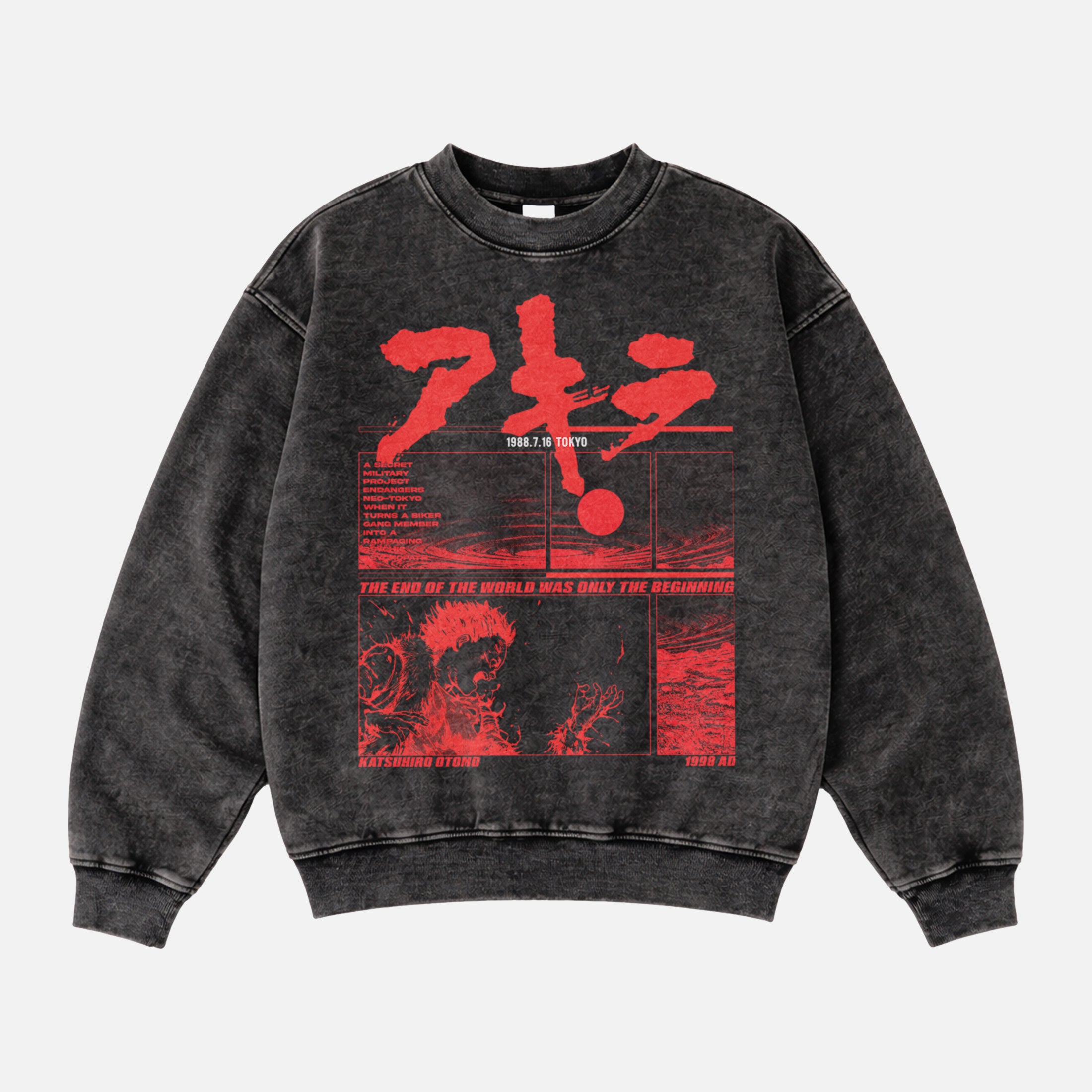 Heavyweight distressed black Akira anime oversized crewneck sweatshirt with full front print