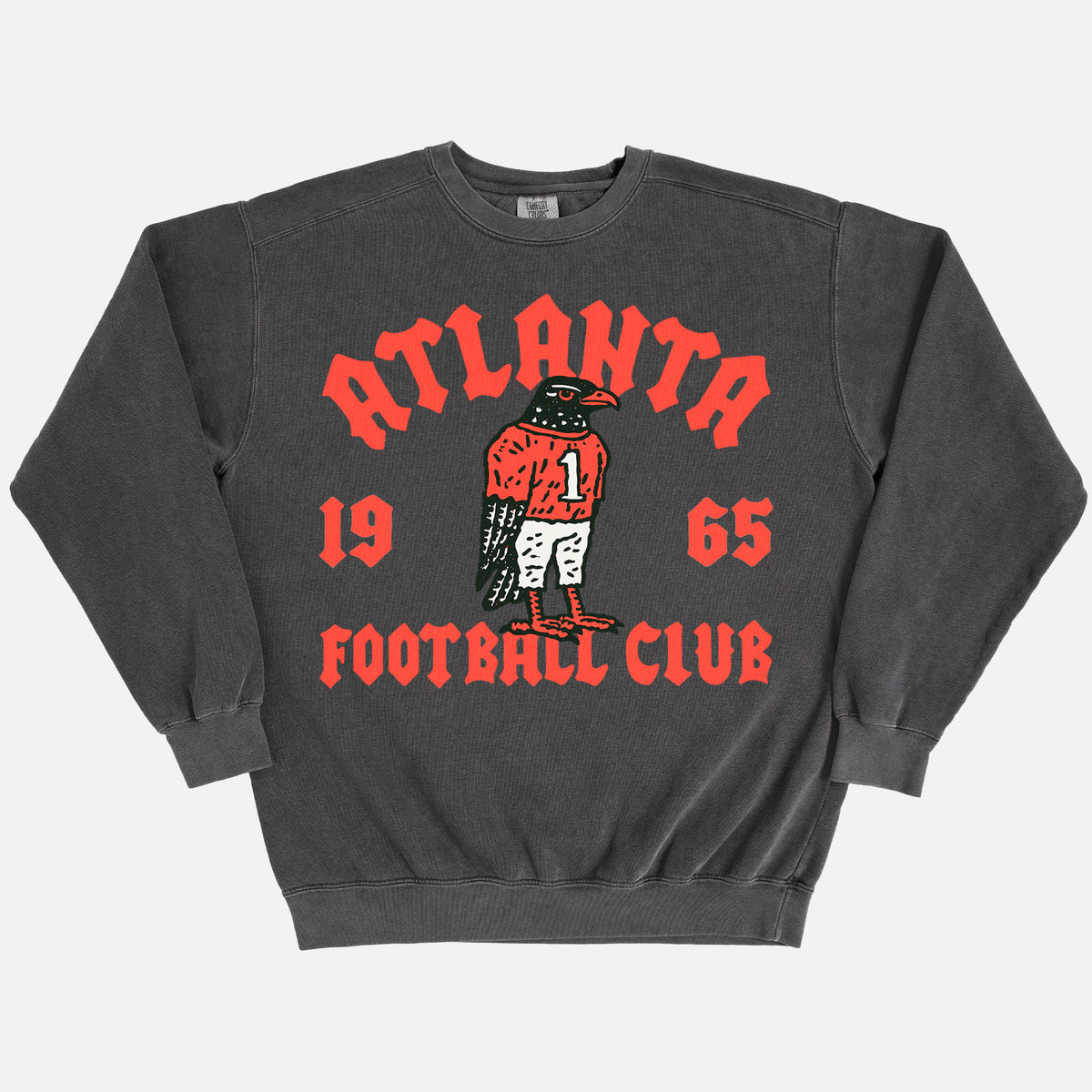 Premium washed black Atlanta falcons sweatshirt with throwback falcon mascot on a heavyweight comfort colors crewneck 