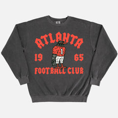 Premium washed black Atlanta falcons sweatshirt with throwback falcon mascot on a heavyweight comfort colors crewneck 