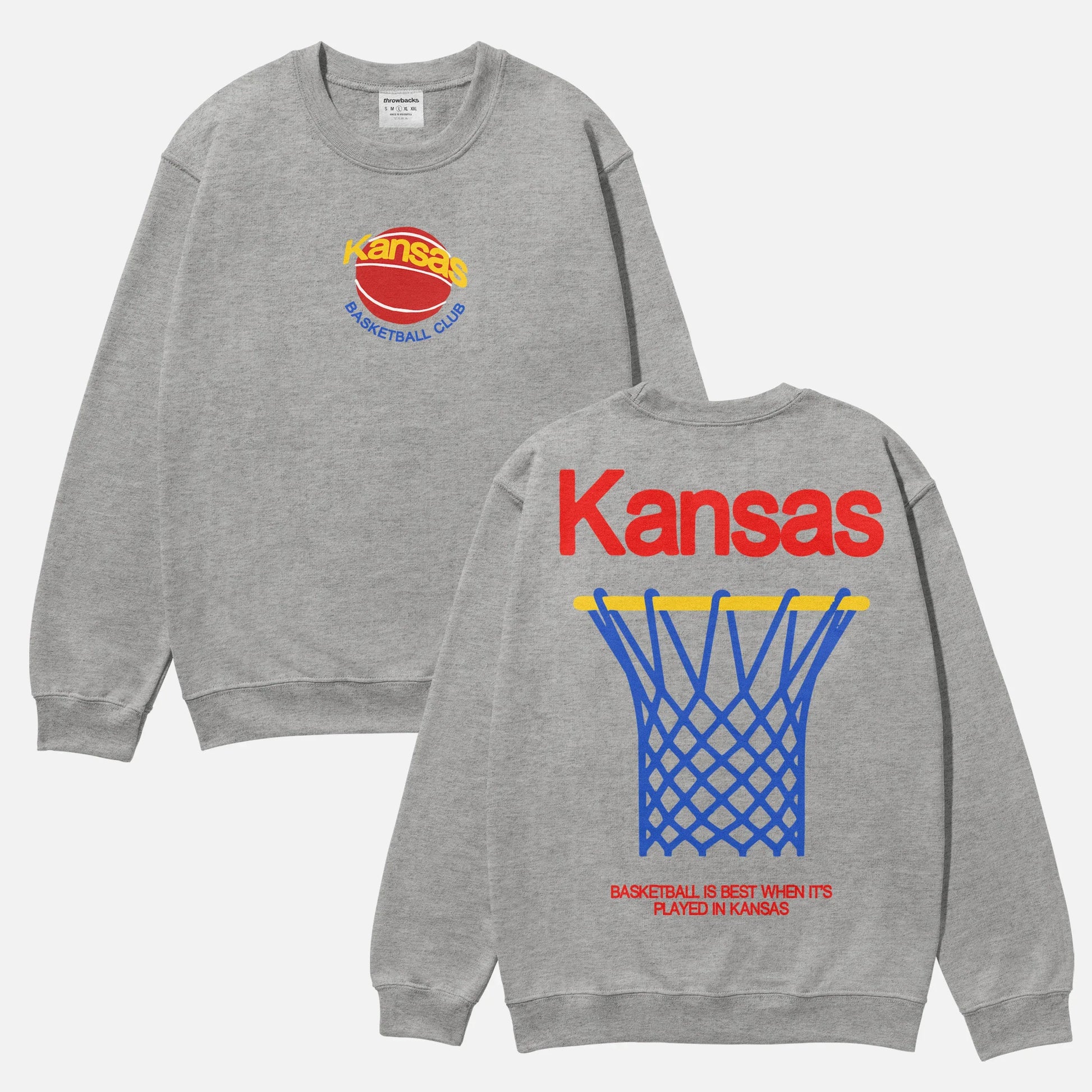 Vintage heavyweight grey Kansas Jayhawks college basketball streetwear crewneck sweatshirt for men and women for sale at Throwbacks
