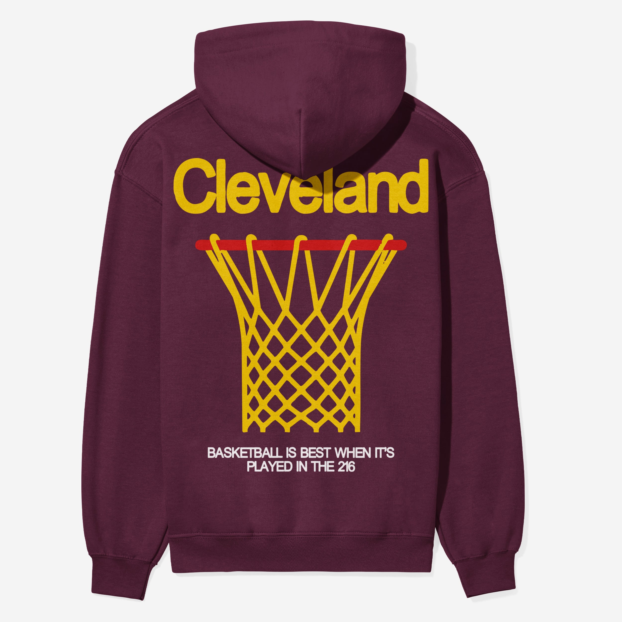 Maroon heavyweight Cleveland Cavaliers basketball team streetwear hoodie for men and women with gold yellow front and back print