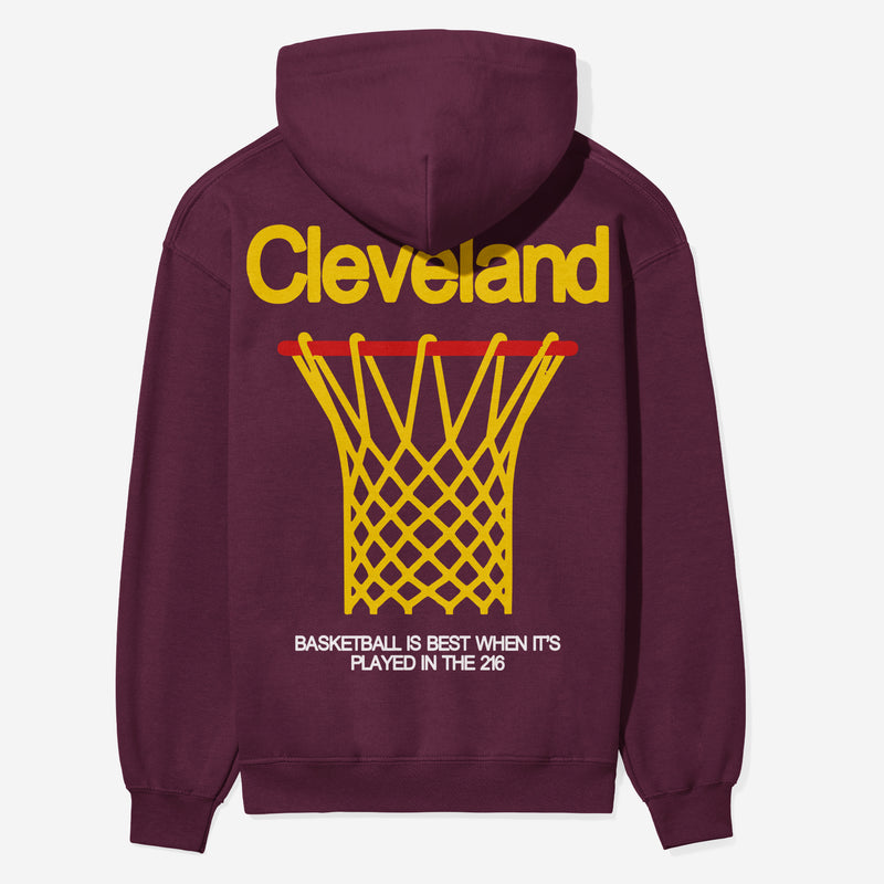 Maroon heavyweight Cleveland Cavaliers basketball team streetwear hoodie for men and women with gold yellow front and back print