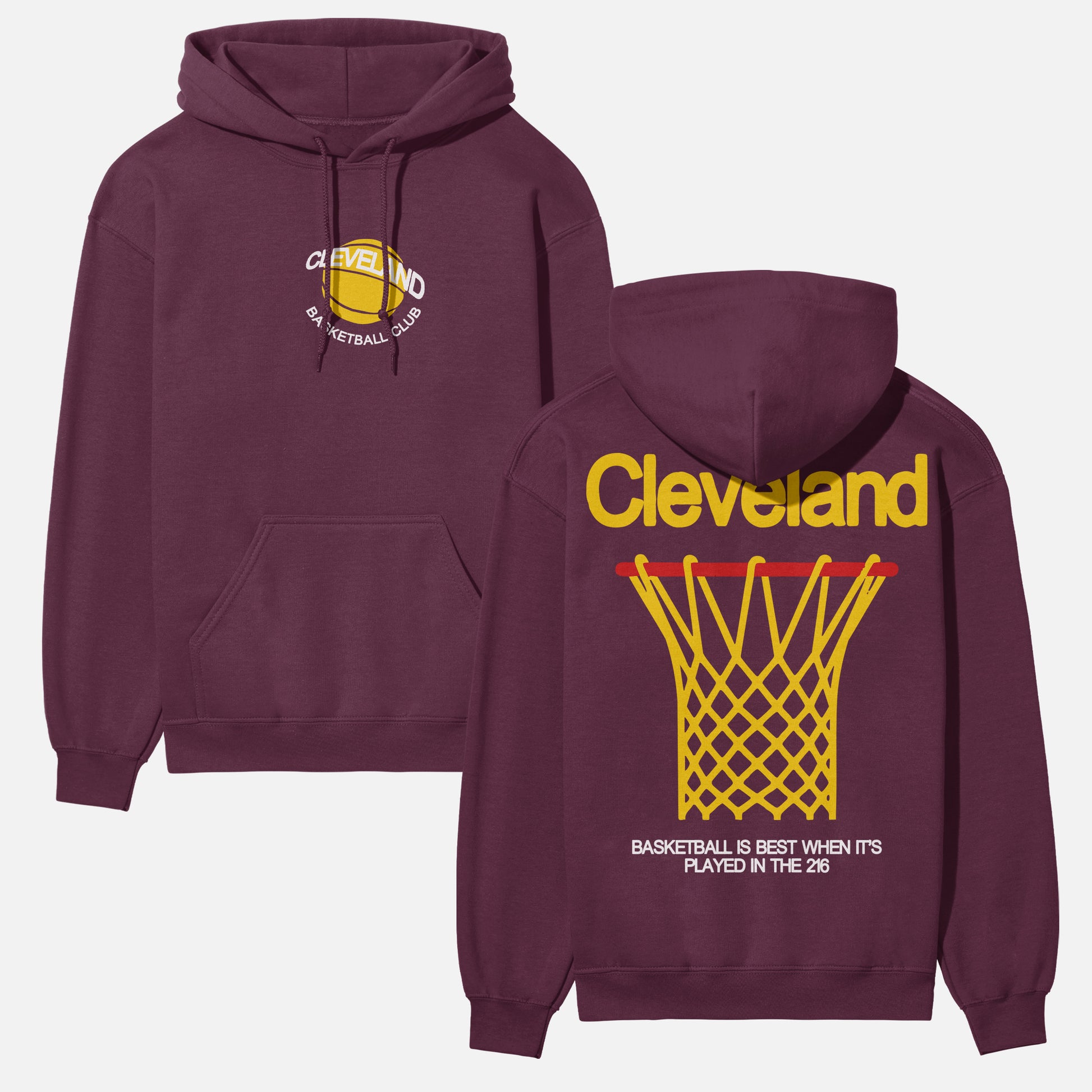 Maroon red heavyweight Cleveland Cavaliers basketball team hoodie for men and women with gold yellow front and back print