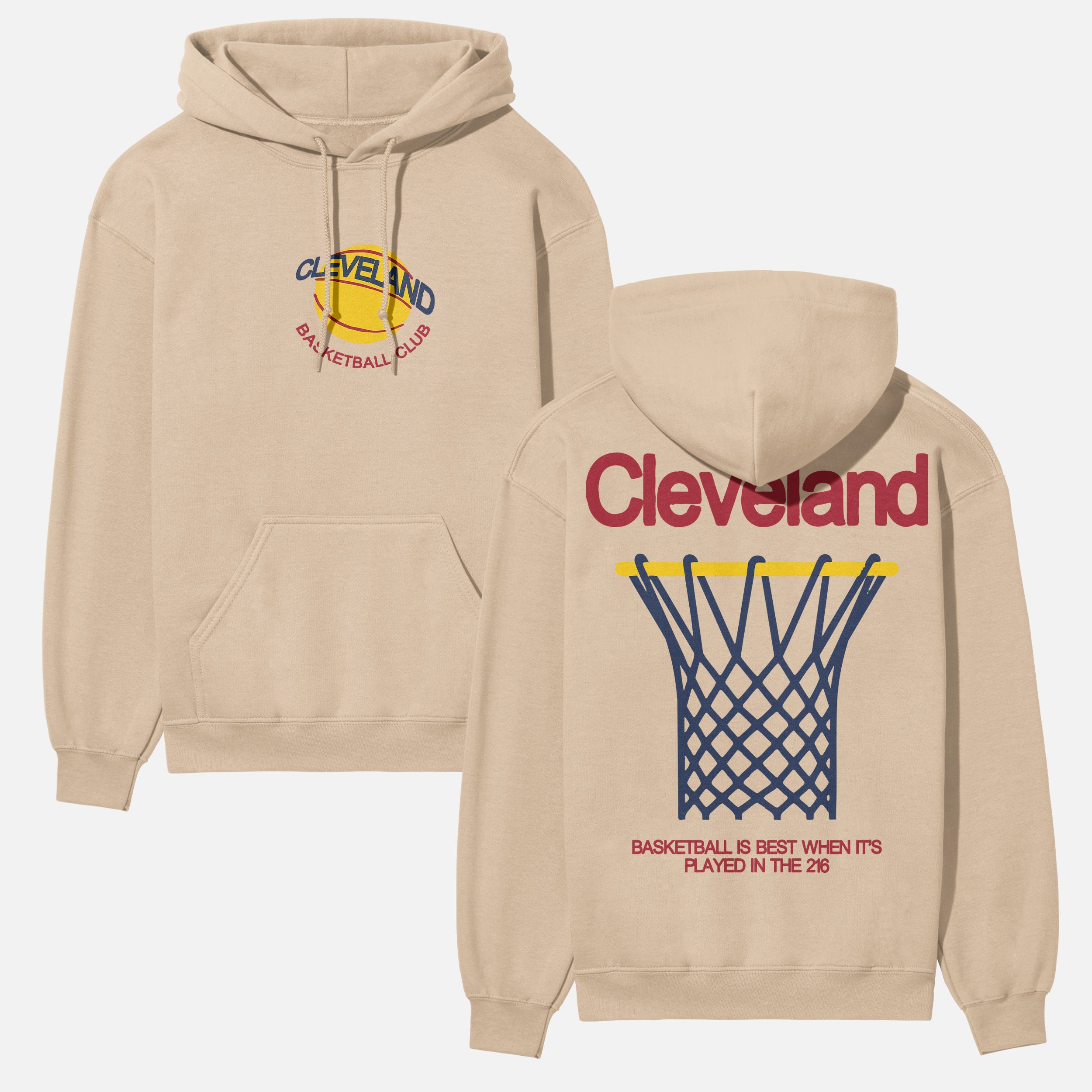 Beige off-white heavyweight Cleveland Cavaliers basketball team streetwear hoodie for men and women with maroon red, navy, and gold yellow front and back print
