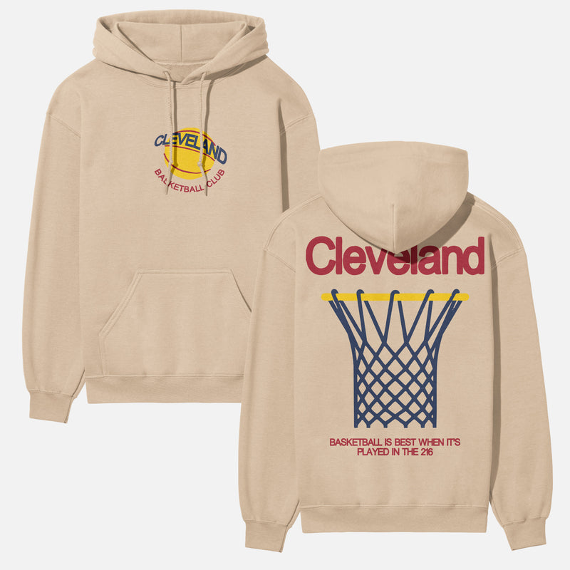 Beige off-white heavyweight Cleveland Cavaliers basketball team streetwear hoodie for men and women with maroon red, navy, and gold yellow front and back print