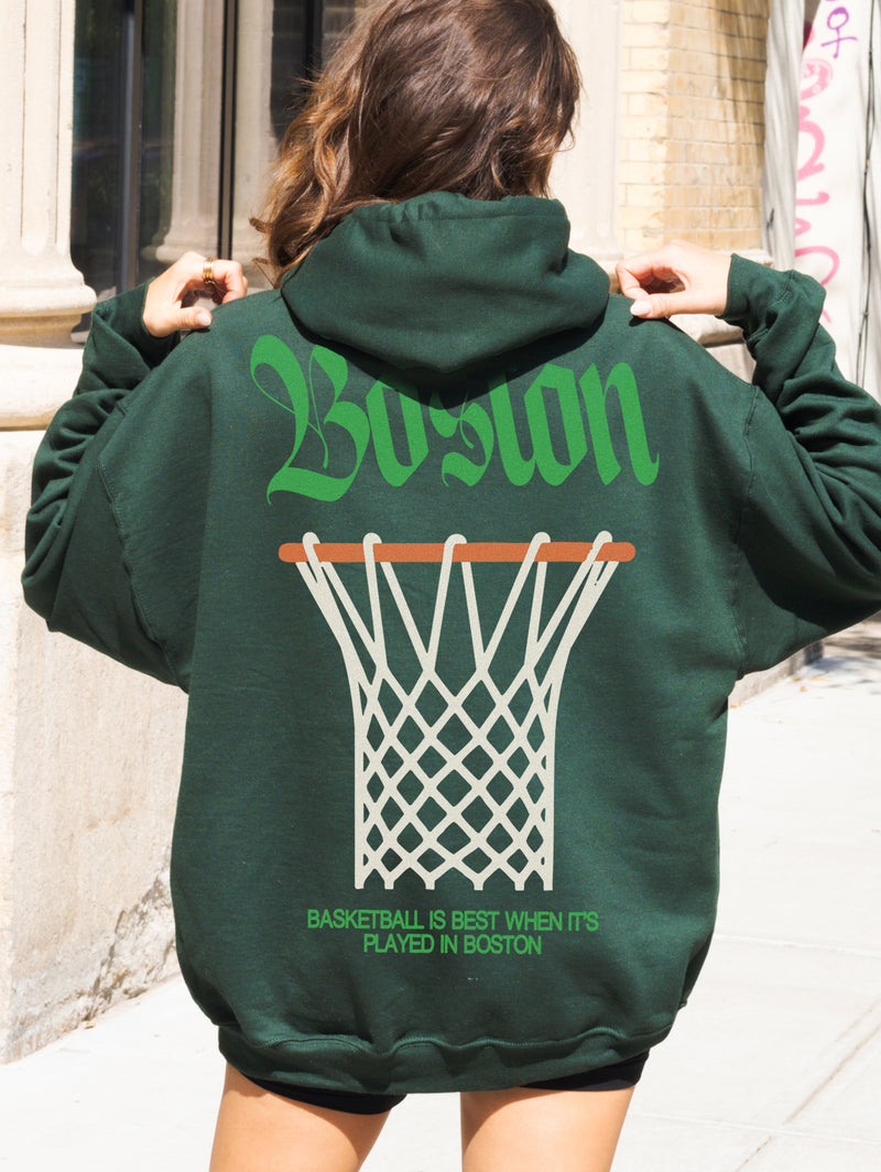 Boston Celtics streetwear hoodie with large oversized back print and blackletter text on a heavyweight hooded sweatshirt for men and women