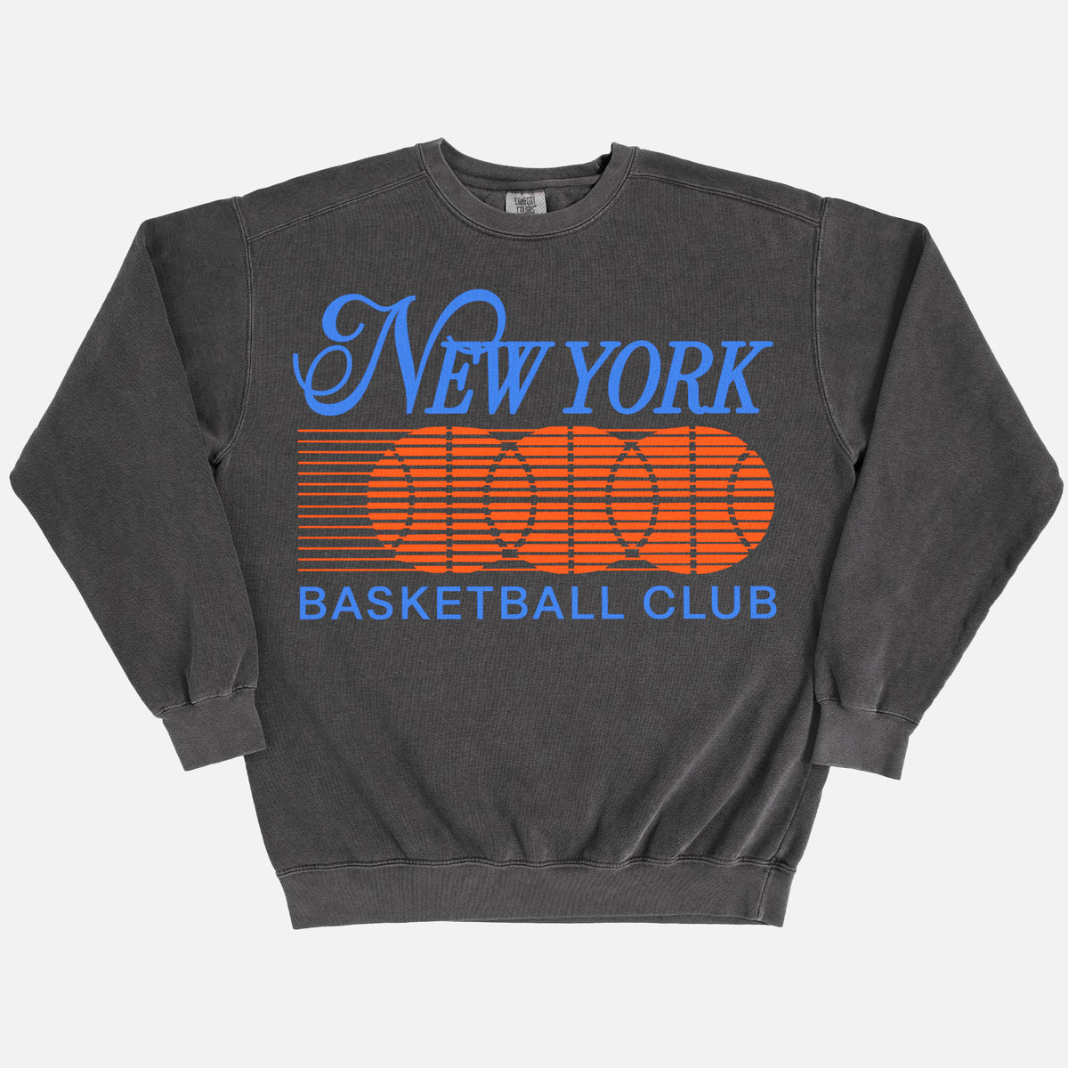 Premium heavyweight New York Knicks sweatshirt with 1990's NY bball logo graphic on a washed black comfort colors crewneck