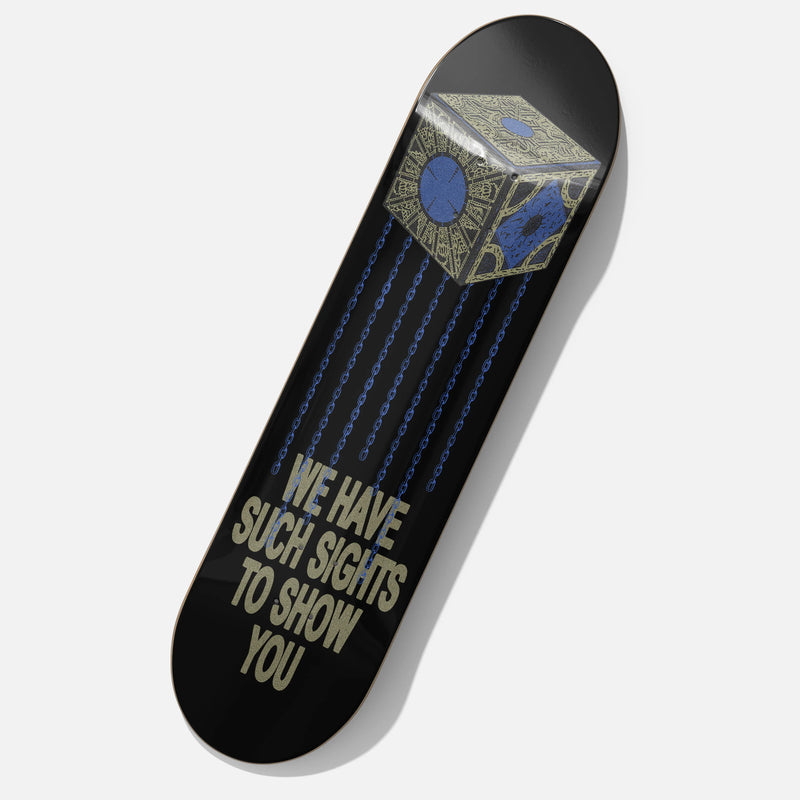 Hellraiser Movie skateboard, retro 80s horror movie pinhead lament configuration skate deck wall art memorabilia